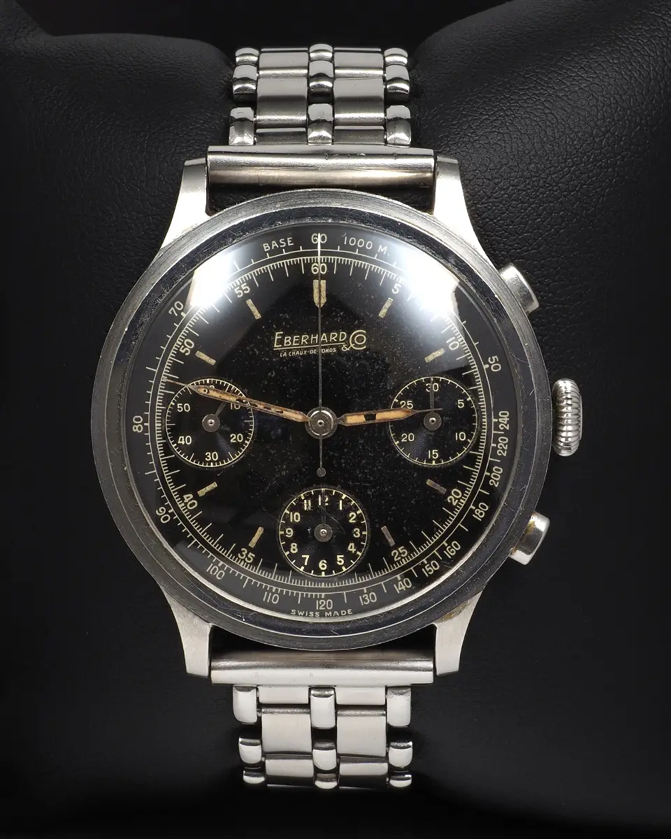 Eberhard Co. Oversized Chronograph with Black Dial and Radium Index Dial on Steel Bracelet