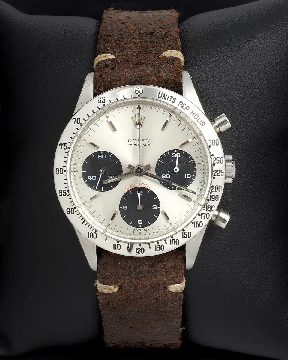 Rolex Daytona 6239 'Cherry Logo' in Steel with 300 Unit Bezel Fitted on Brown Leather Strap