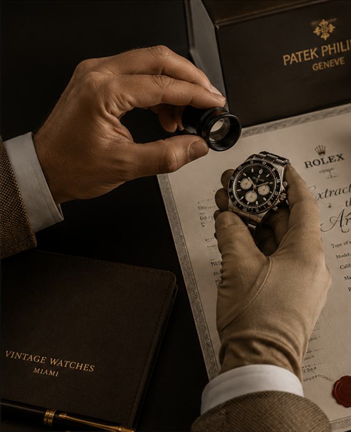 Specialist examining a vintage watch with a loupe